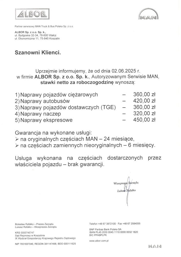 ALBOR - stawki za roboczogodziny